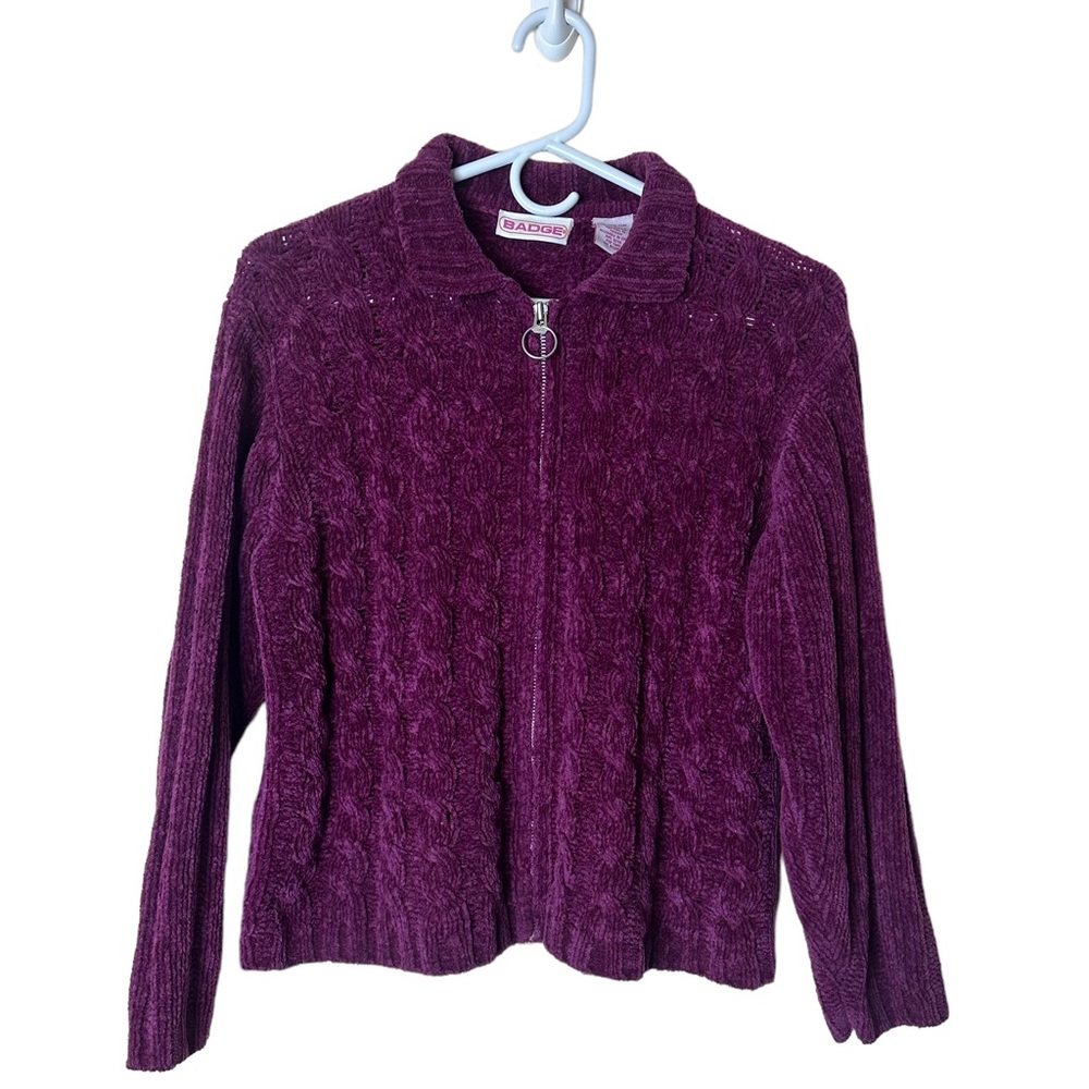 Vintage Badge Ring Zipper Full Zip Purple Knit Sweater Women’s Size Large